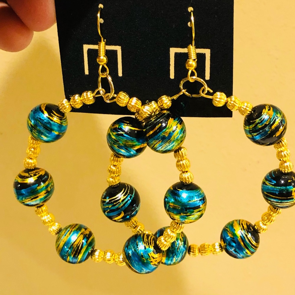 Handmade Turquoise and Gold Beaded Hoop Earrings